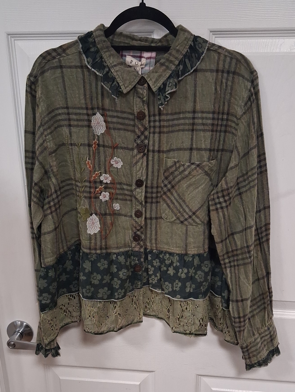 POL Olive Green Plaid Embroidered Jacket